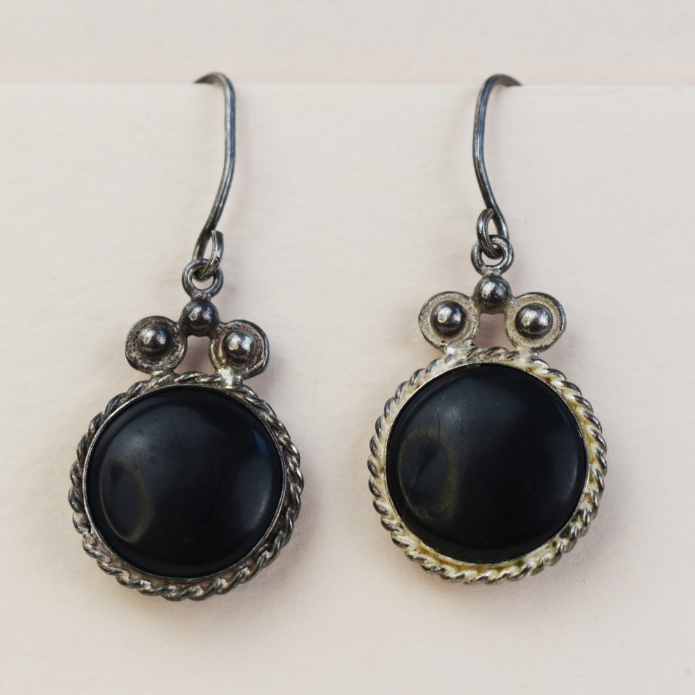 Large black onyx earrings dangle, old vintage sterling silver earrings